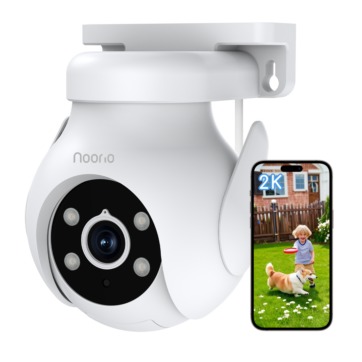 Noorio 2K Security Camera Outdoor 360° Pan/Tilt, Two Way Talk Wired Outdoor Camera for Home Surveillance, 24/7 Recording, Color Night Vision, Cloud & SD Card Storage, Compatible with Alexa, 2.4G WiFi