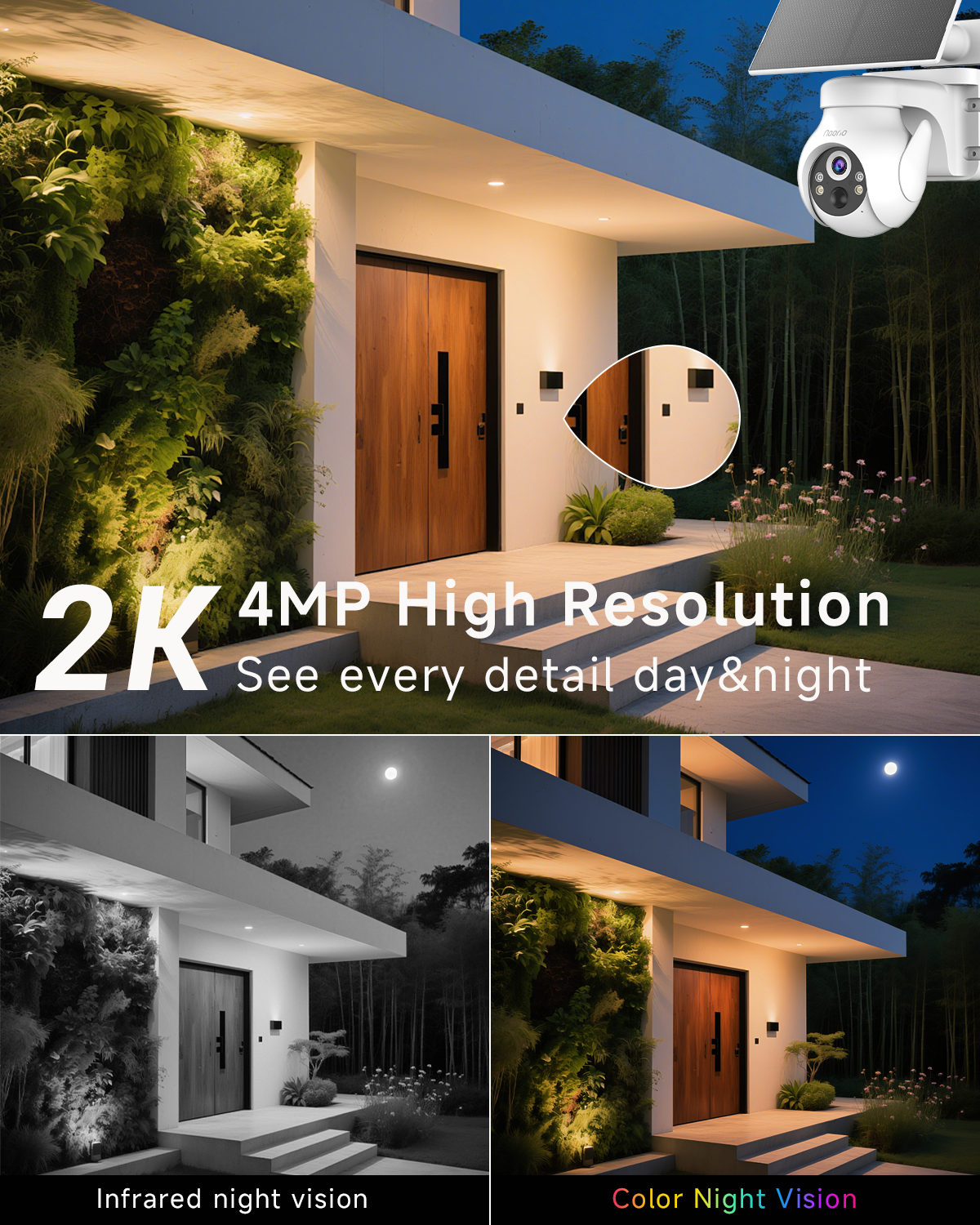 Noorio Solar Security Camera Wireless Outdoor System:2K/4MP , 360° PTZ, 2-Way Talk, 2.4G WiFi only