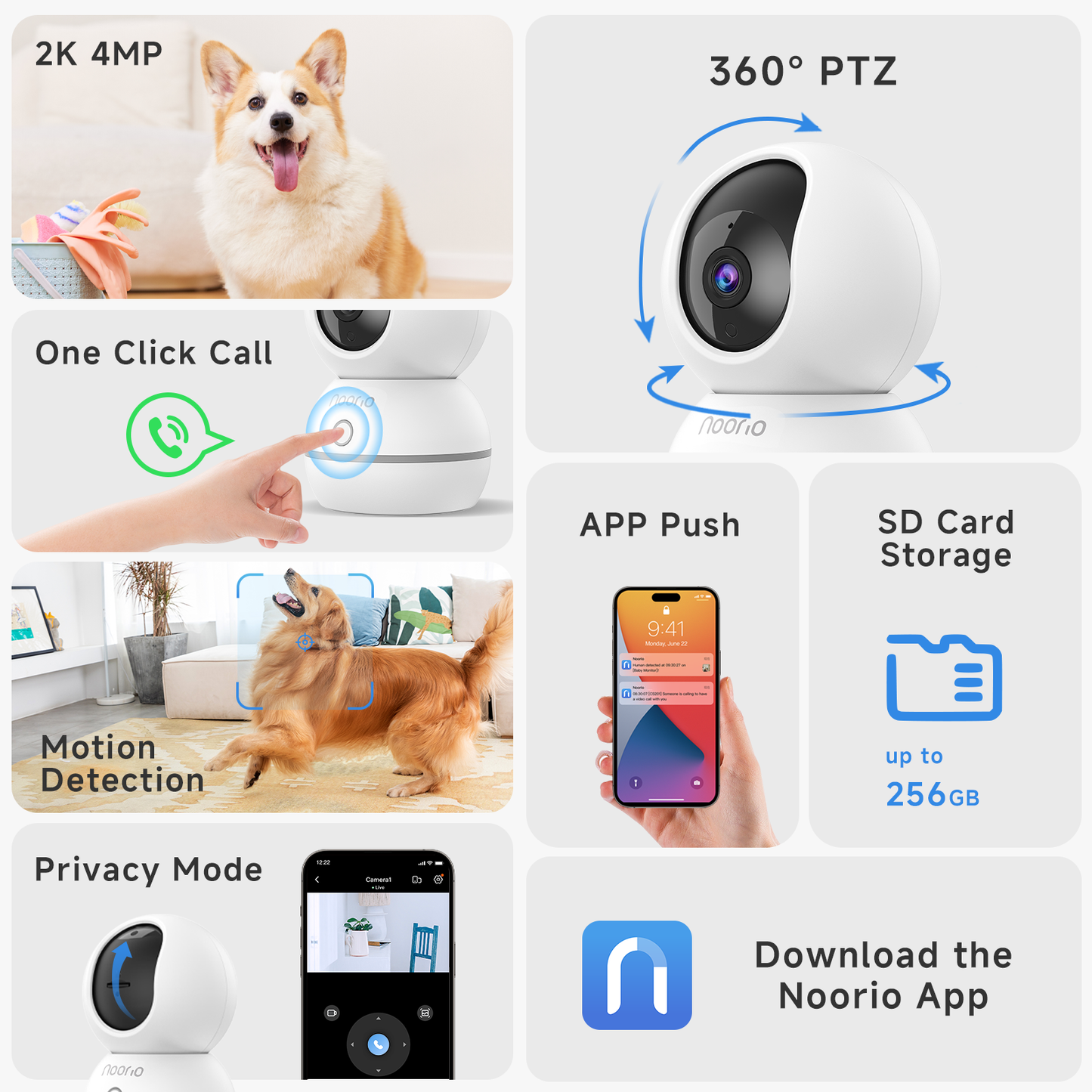 Noorio CS201 Cam:2K Indoor Pet Camera Indoor ,One-Touch Call 360° Pan-Tilt,2.4G WiFi only