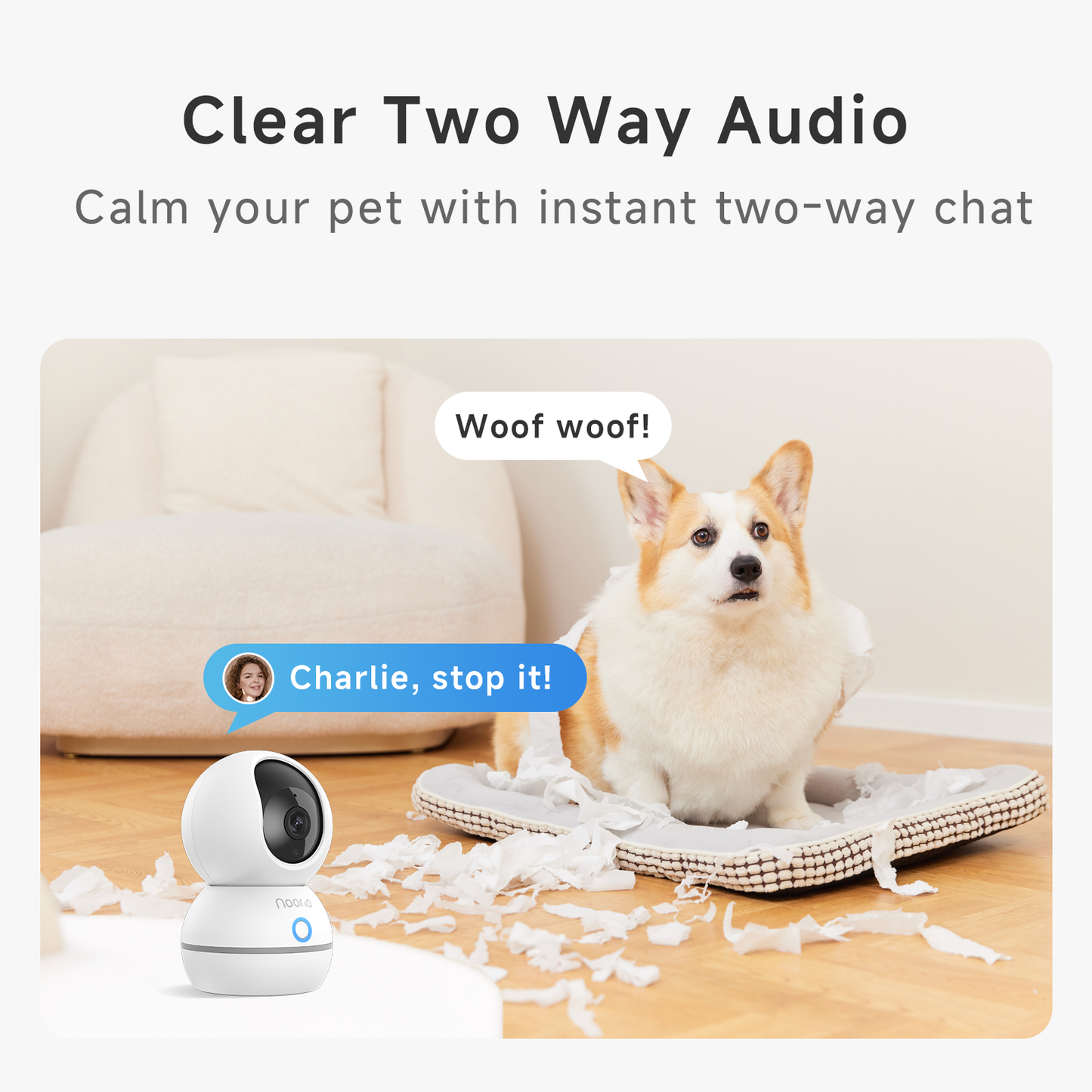 Noorio CS201 Cam:2K Indoor Pet Camera Indoor ,One-Touch Call 360° Pan-Tilt,2.4G WiFi only