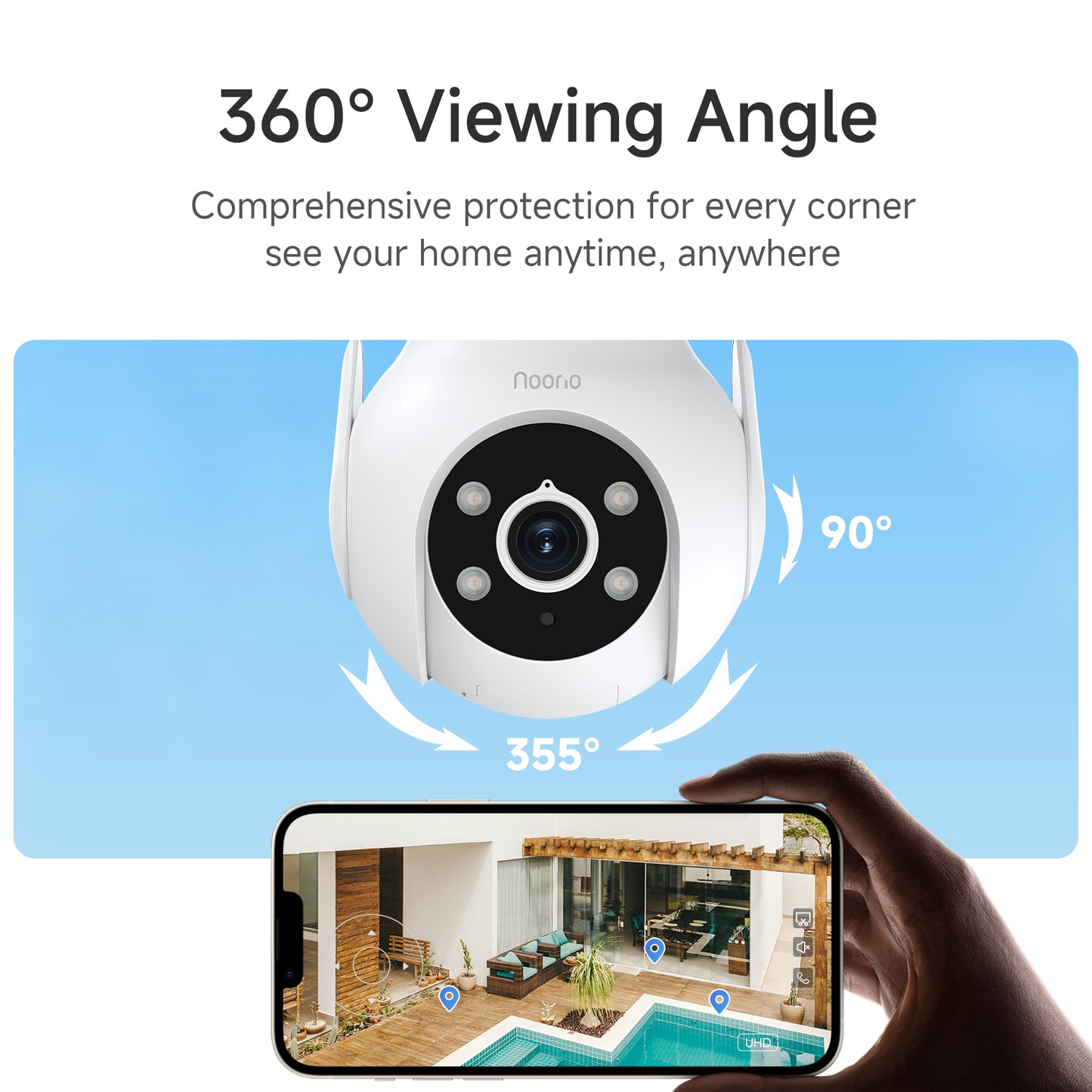 Noorio 2K Security Camera Outdoor 360° Pan/Tilt, Two Way Talk Wired Outdoor Camera for Home Surveillance, 24/7 Recording, Color Night Vision, Cloud & SD Card Storage, Compatible with Alexa, 2.4G WiFi