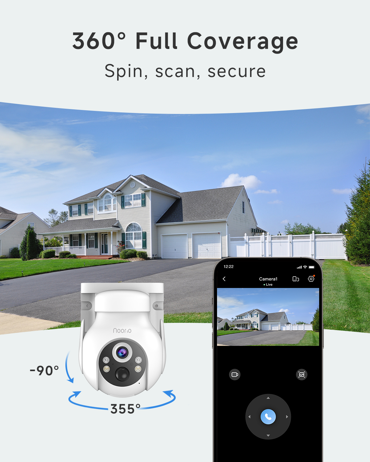 Noorio Solar Security Camera Wireless Outdoor System:2K/4MP , 360° PTZ, 2-Way Talk, 2.4G WiFi only