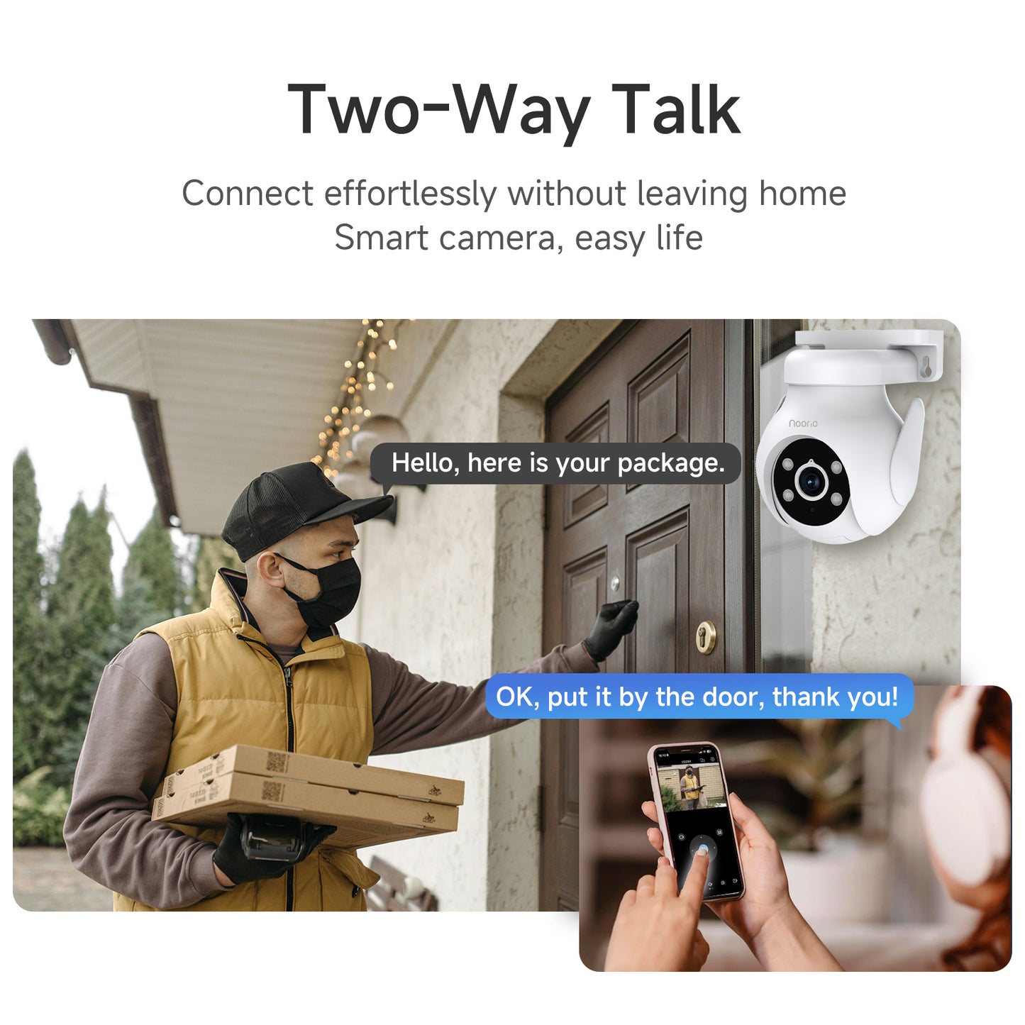 Noorio 2K Security Camera Outdoor 360° Pan/Tilt, Two Way Talk Wired Outdoor Camera for Home Surveillance, 24/7 Recording, Color Night Vision, Cloud & SD Card Storage, Compatible with Alexa, 2.4G WiFi
