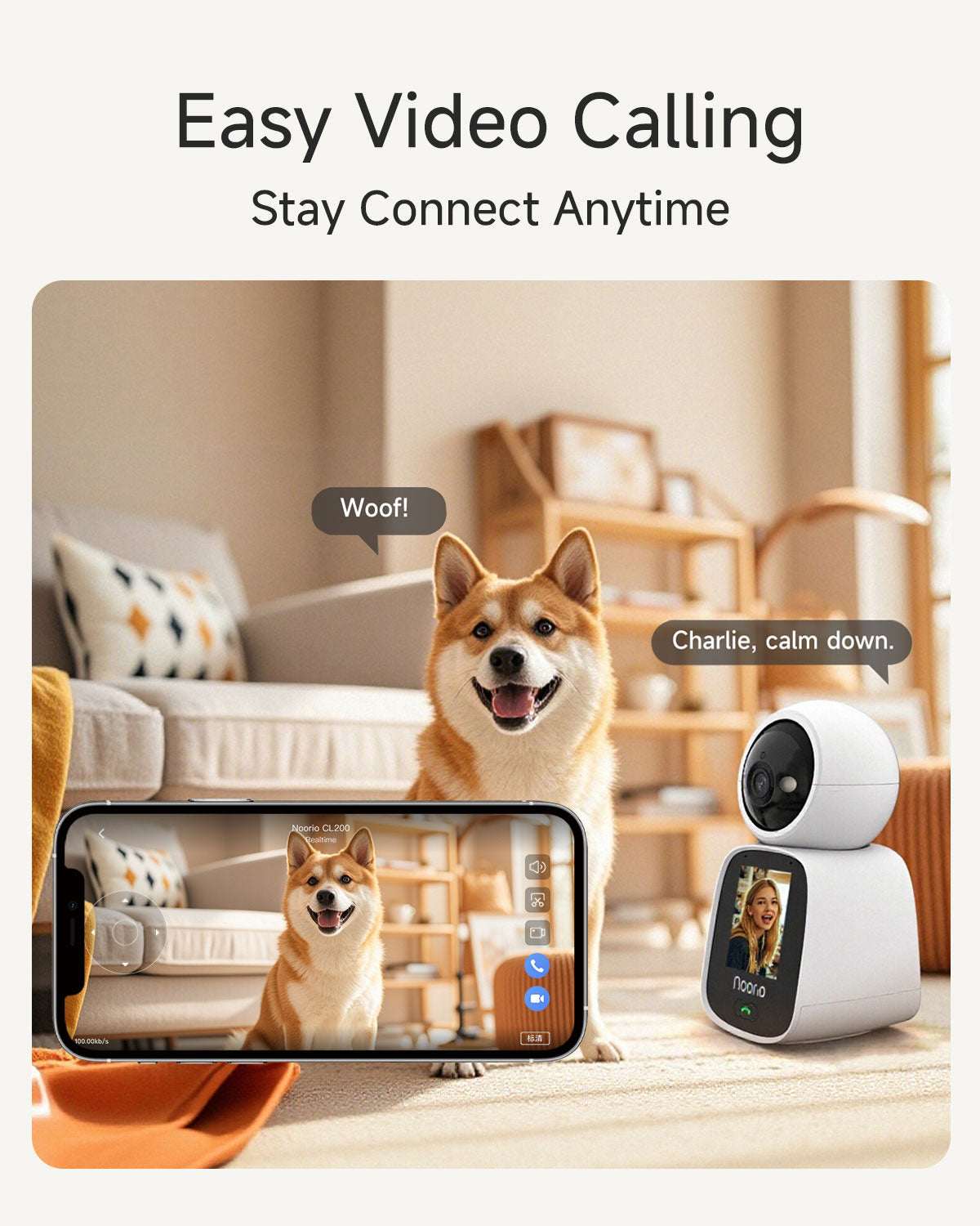 Noorio 5G Two Way Video Calling Camera, One Click Call 2K Pet Camera with Phone App, 360° PTZ Dog Cam with Speaker, Color Night Vision, 2.4 Inch Screen, CL200-5G,2-pack