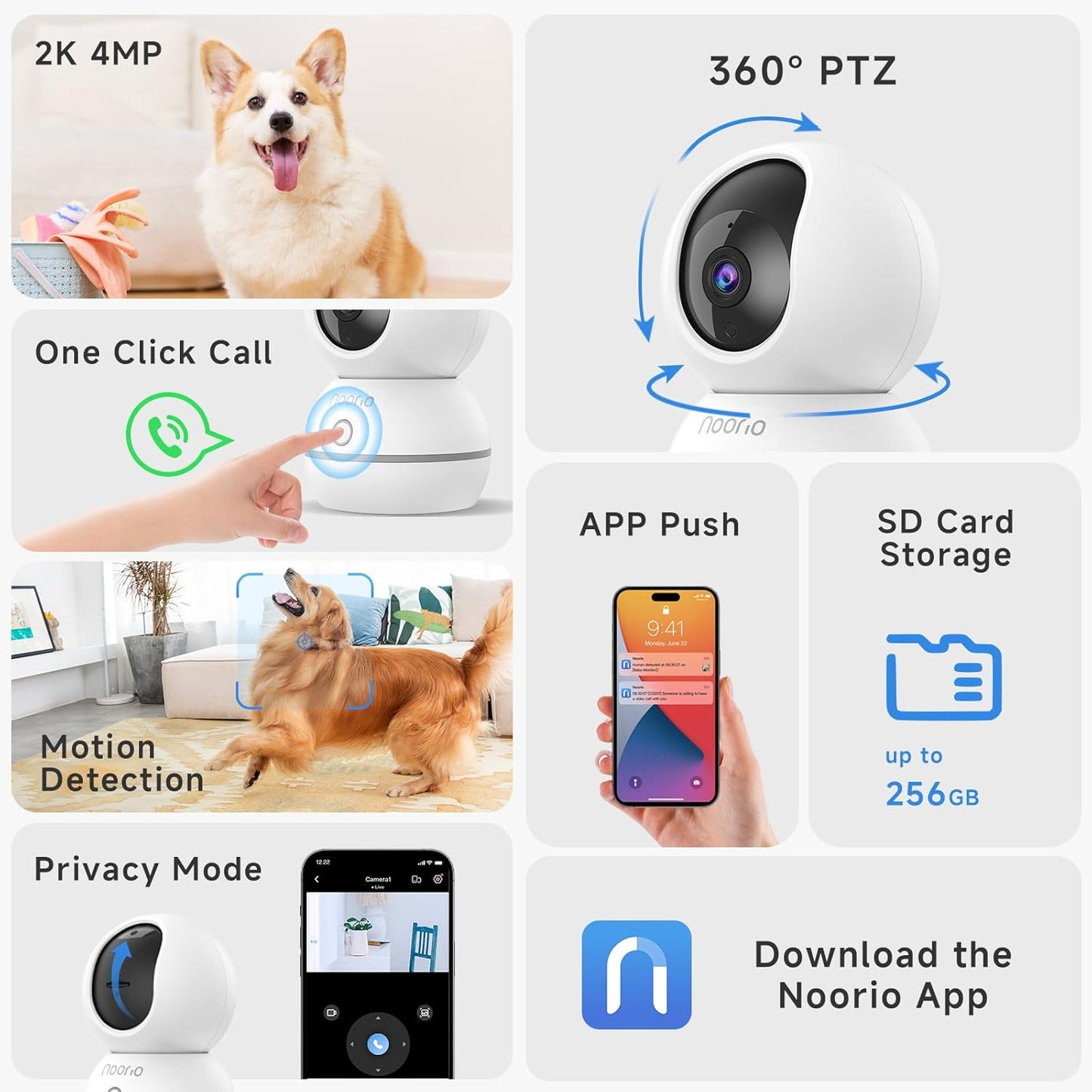 Noorio 2K Wired Security Camera Indoor, Pan/Tilt Pet Camera with Speaker, One Touch Call Dog Cam, Plug-in 24/7 SD&Cloud Storage, Night Vision, 2.4G WiFi Only, 2Pcs