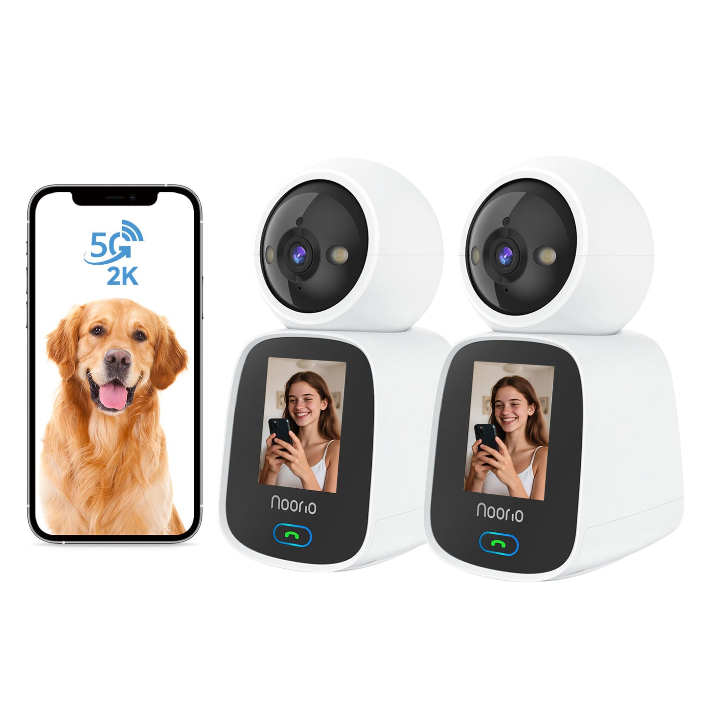 Noorio 5G Two Way Video Calling Camera, One Click Call 2K Pet Camera with Phone App, 360° PTZ Dog Cam with Speaker, Color Night Vision, 2.4 Inch Screen, CL200-5G，2-pack