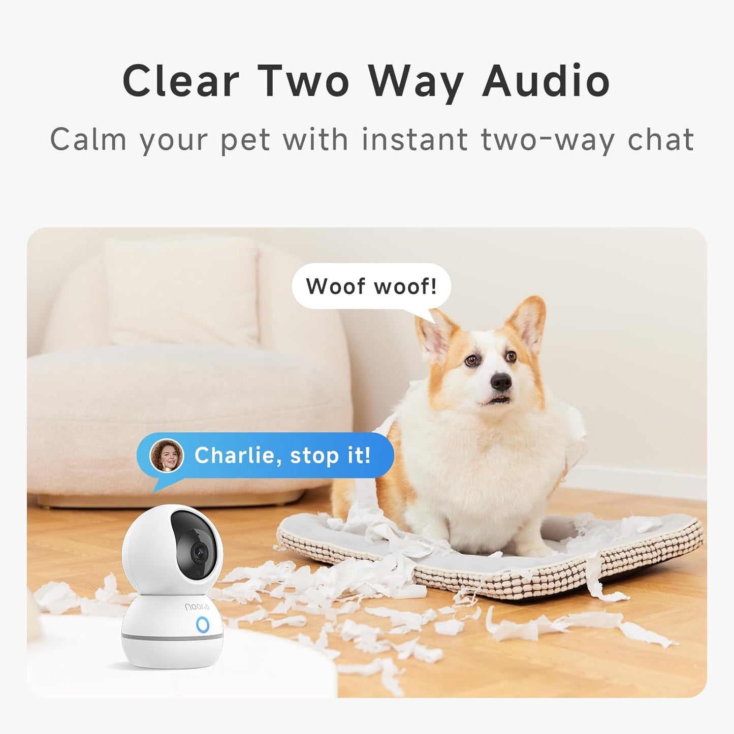 Noorio 2K Wired Security Camera Indoor, Pan/Tilt Pet Camera with Speaker, One Touch Call Dog Cam, Plug-in 24/7 SD&Cloud Storage, Night Vision, 2.4G WiFi Only, 2Pcs