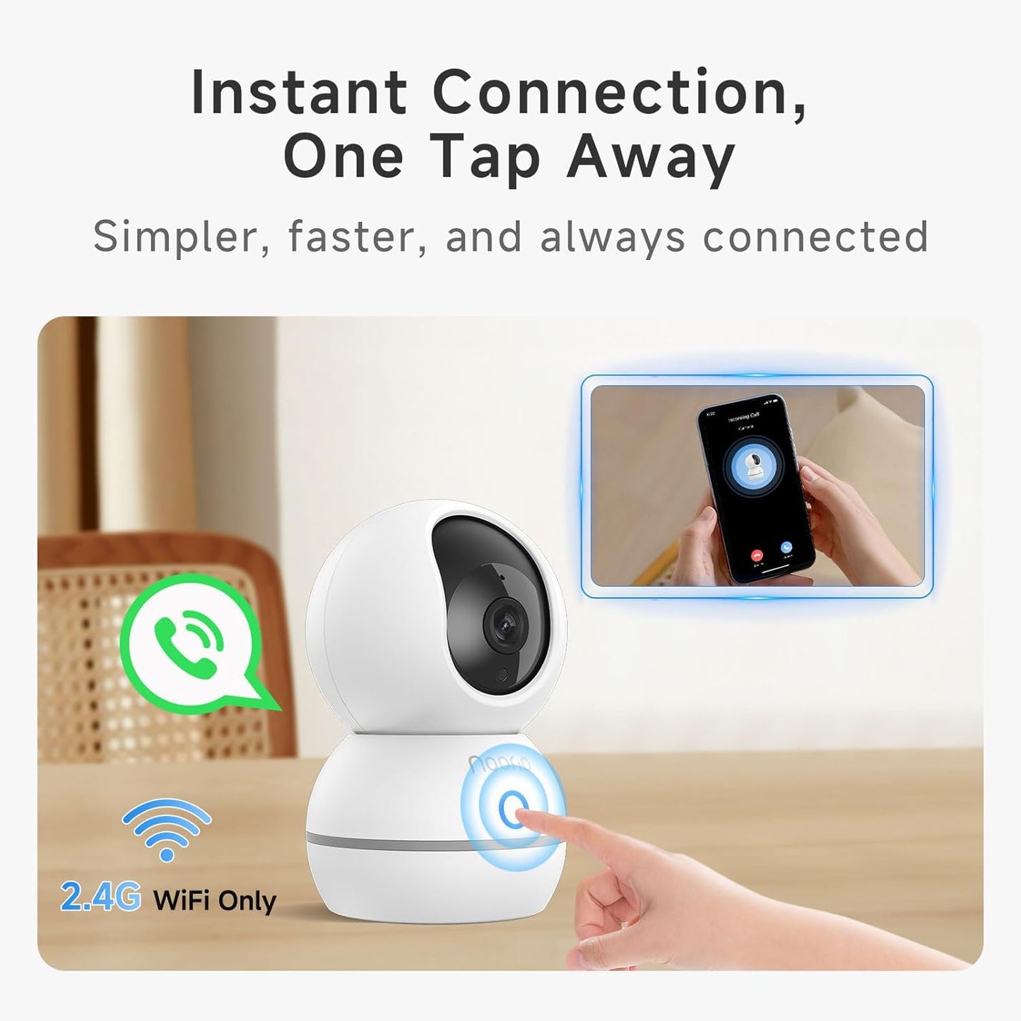 Noorio 2K Wired Security Camera Indoor, Pan/Tilt Pet Camera with Speaker, One Touch Call Dog Cam, Plug-in 24/7 SD&Cloud Storage, Night Vision, 2.4G WiFi Only, 2Pcs