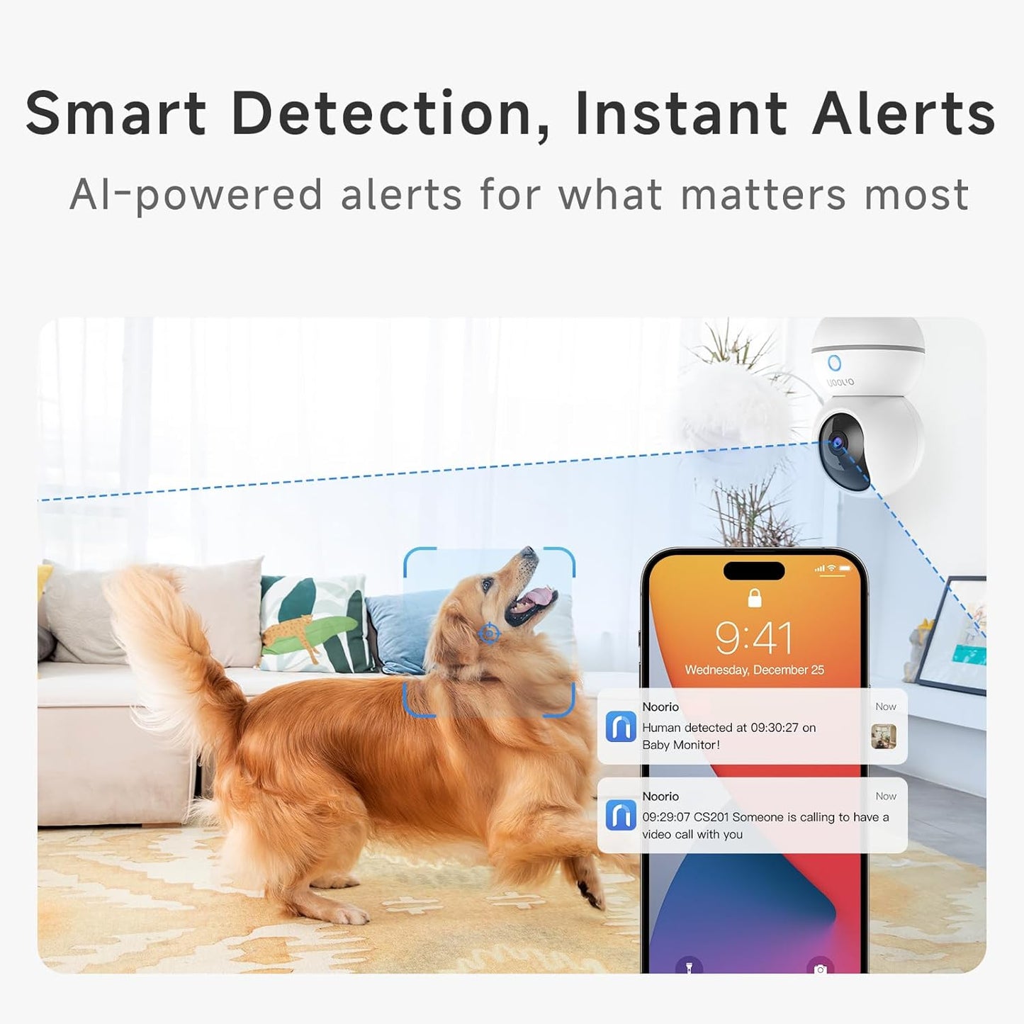 Noorio 2K Wired Security Camera Indoor, Pan/Tilt Pet Camera with Speaker, One Touch Call Dog Cam, Plug-in 24/7 SD&Cloud Storage, Night Vision, 2.4G WiFi Only, 2Pcs