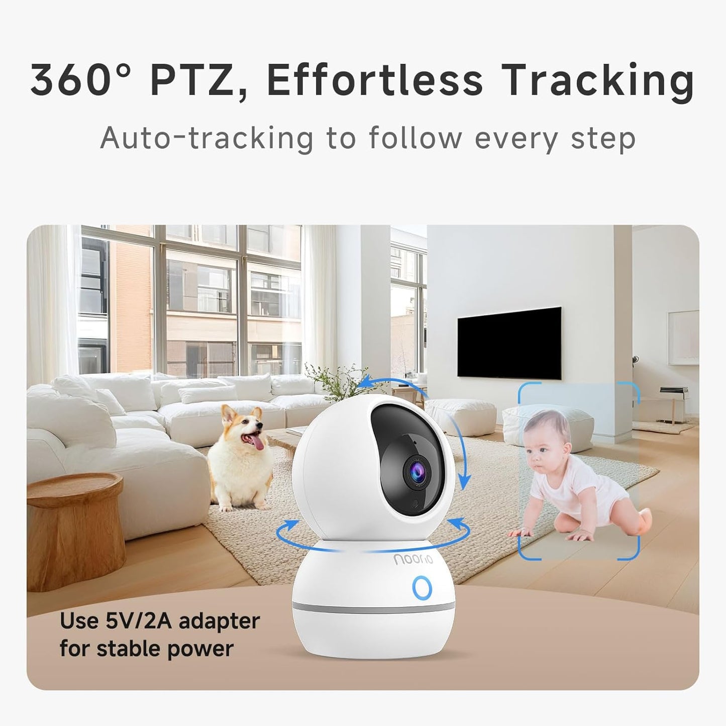 Noorio 2K Wired Security Camera Indoor, Pan/Tilt Pet Camera with Speaker, One Touch Call Dog Cam, Plug-in 24/7 SD&Cloud Storage, Night Vision, 2.4G WiFi Only, 2Pcs