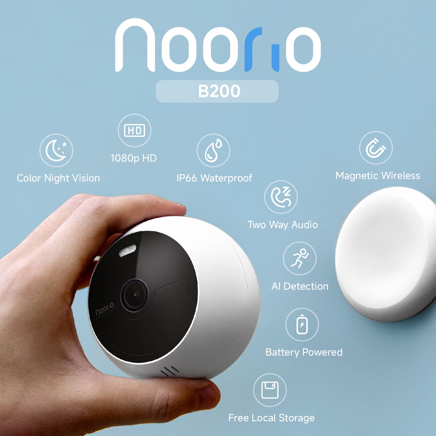 نظام الأمان Noorio B200: يعمل بالطاقة الشمسية، سهل الإعداد، 1080 بكسل عالي الدقة، رؤية ليلية، متوافق مع Alexa، سعة تخزين 8 جيجابايت