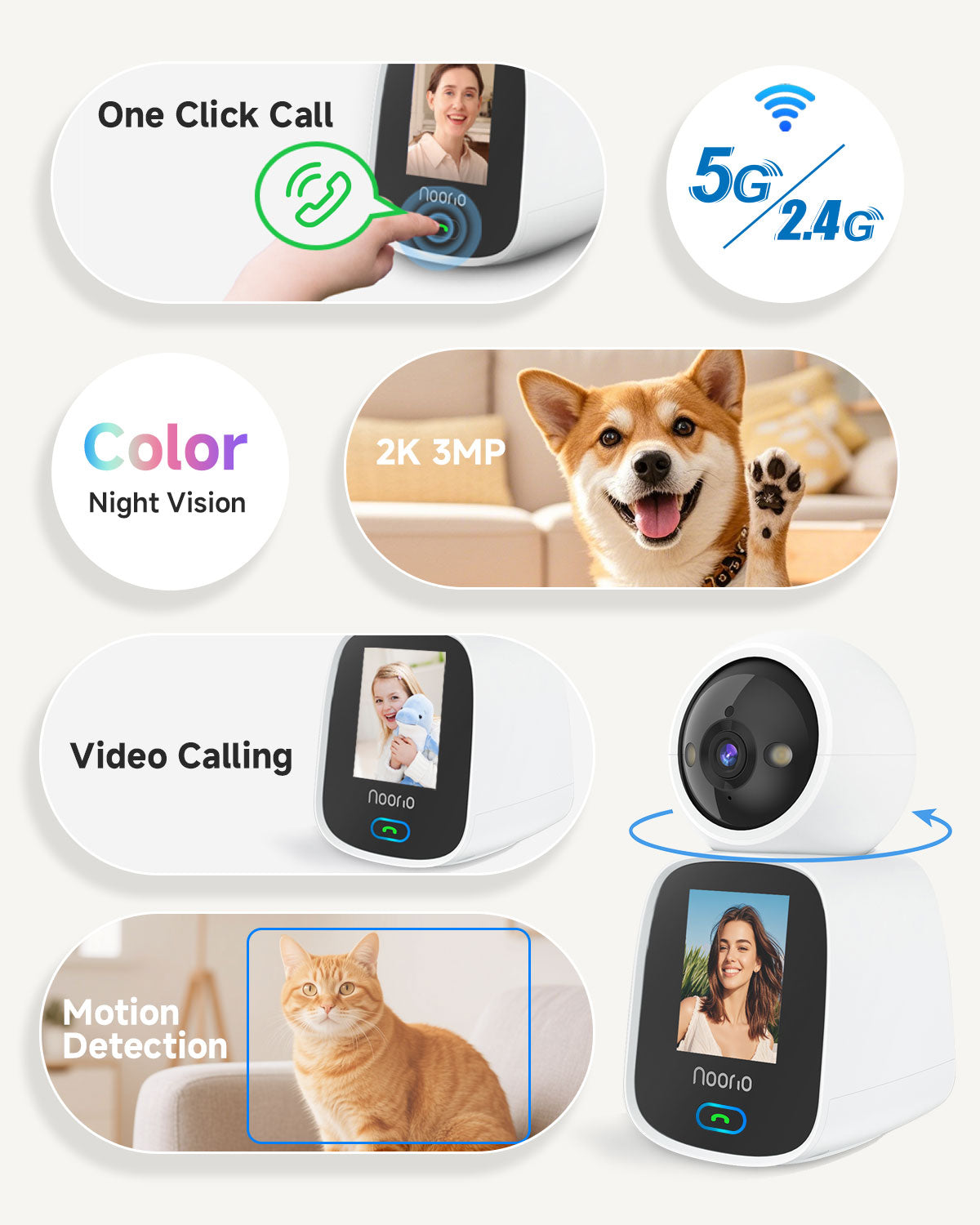 Noorio 5G Two Way Video Calling Camera, One Click Call 2K Pet Camera with Phone App, 360° PTZ Dog Cam with Speaker, Color Night Vision, 2.4 Inch Screen, CL200-5G，2-pack